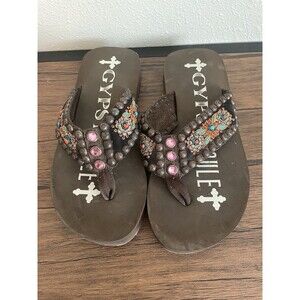 Gypsy Soule Womens Platform Flip Flop Sandals Size 7 Brown Bedazzled Western